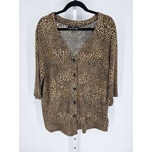 Carole Little II Women Leopard Print V-Neck Long Sleeve Button Down Top Size 1X